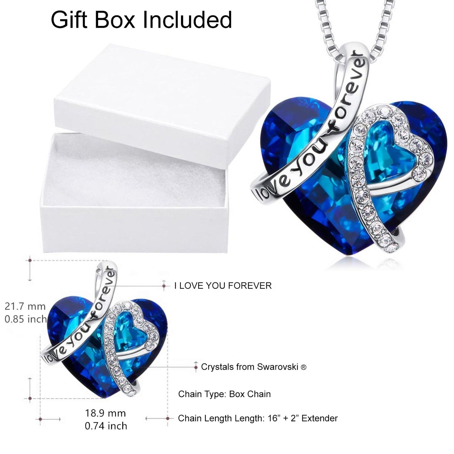 Blue Crystal Heart Necklace | I LOVE YOU FOREVER