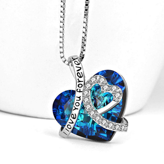 I LOVE YOU FOREVER Blue  Crystal Heart Necklace & Gift Box